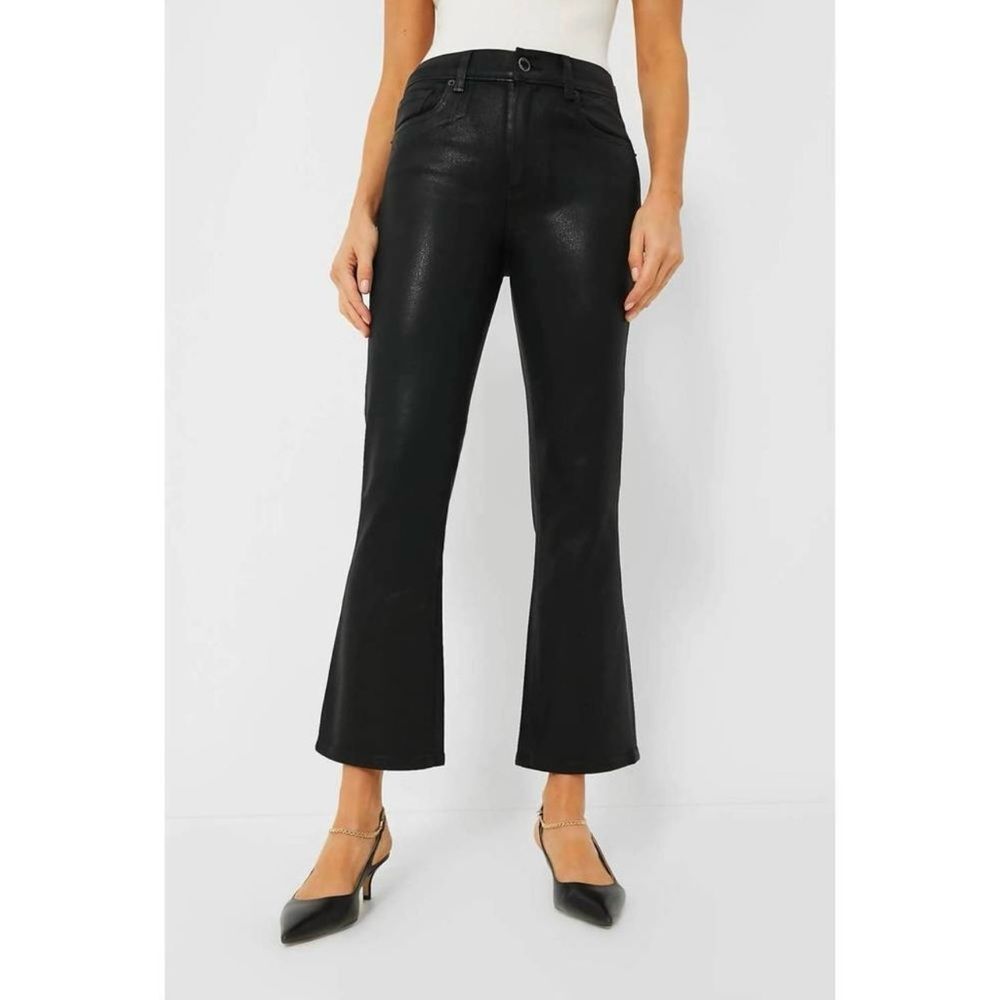 Le Jean Bella Crop Flare Jean in Coated Black Mid-Rise Stretch Size 26